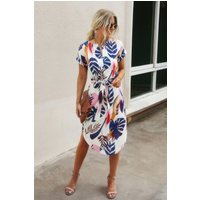Notched Neck Floral Print Belted Fit Dress