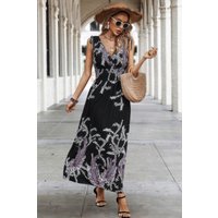 Cross V Neck Floral Print Sleeveless Fit Dress