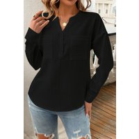 Solid Buttons V Neck Elegant Front Pockets Blouse