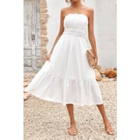 Solid Off Shoulder Elasit Waist Ruffle Dress