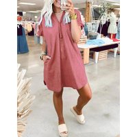 Full Size V-Neck Short Sleeve Denim Dress Plus Size Comfortable, Flattering Fit