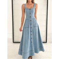 Wide Strap Sweetheart Neck Denim Dress