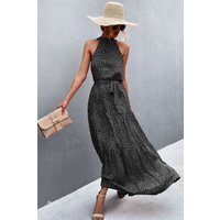Printed Sleeveless Tie Waist Maxi Dress