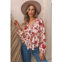 Floral V-Neck Drawstring Peplum Blouse
