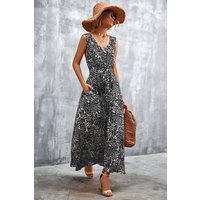 Printed V-Neck Tie Waist Maxi Dress