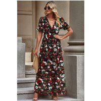Floral V-Neck Short Flounce Sleeve Dress