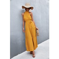 Printed Sleeveless Tie Waist Maxi Dress