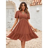 Swiss Dot V-Neck Openwork Puff Sleeve Dress