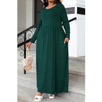 Plus Size Round Neck Long Sleeve Maxi Dress with Pockets