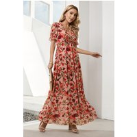 Floral V-Neck Short Flounce Sleeve Dress