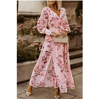 Floral Tie Belt Bishop Sleeve Slit Maxi Dress
