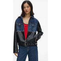 Kl Jeans - Faux-leather And Denim Jacket, Woman, Blue, Size: Xs