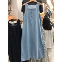 Women's Light Blue Denim Sleeveless Maxi Dress Square Neck Button Front Cotton Jean Dress