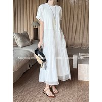 V-Neck Puff Sleeve Loose Flowy Maxi Dress with Woven Belt Included Crinkle Texture Elegant Casual Summer Dress White Dark Grey