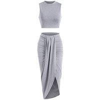Women's Solid Crop Tank Top & Ruched Asymmetrical Hem Split Skirt Set, Chic Casual Mock Neck Sleeveless Top & High Waist Wrap Skirt, Womenswear Outfit