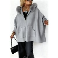 Women Fur Collar Solid Color Casual Jacket, Women's Fall Batwing Sleeve Full Zip Up Hooded Jacket Coat with Pockets