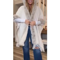Women Fine Knit Open Front Faux Fur Trim Layers Poncho Cape Cardigan Sweater