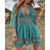 Women's V-Neck Lace Crochet Beach Cover Up Sheer Boho Swimsuit Coverup Summer Vacation Bikini Top