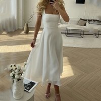 Women's Chic Flattering Long Midi Wedding Guest Dress with Square Neckline