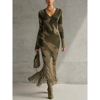 Olive Camo Knit V-Neck Fringe Hem Midi Dress