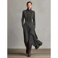 Women's Purple Bohemian Cotton Stretch Turtleneck Asymmetrical Draped Maxi Dress MDAJI