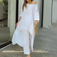 Womens Two Piece Set Dress Suit for Women Long Sleeve Cotton Linen Irregular Solid Crewneck Daily Wear Summer Set