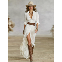 Elegant Long Sleeve Linen Blend Pleated Maxi Dress - Slimming Loose Fit A-Line Shirt Dress