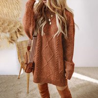 Women's Round Neck Long Sleeve Sweater Dress Casual Loose Fit Cable Knit Pullover Mini Dress