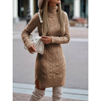 Women Turtleneck Sweater Solid Color Slit Knitted Sweater Dress