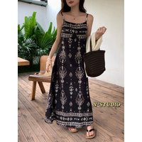 Ethnic Floral Print Beaded Spaghetti Strap Maxi Dress Smocked Waist Boho Summer Beach Dress