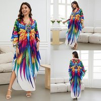 [Plus Size] Butterflyfeather Print Ruched Split Hem Tunic Dress, Valentine's Day Elegant Batwing Sleeve V Neck Long Dress for Summer, Casual Womenswear, Gift, Homecoming Dresses, Women's Clothes for Beach Holiday Vacation, Moo Moo Dresses