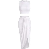 Women's Solid Crop Tank Top & Ruched Asymmetrical Hem Split Skirt Set, Chic Casual Mock Neck Sleeveless Top & High Waist Wrap Skirt, Womenswear Outfit
