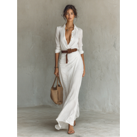 Ladies Cotton Tencel Maxi Dress - Slim Fit Long Sleeve Single Breasted Lapel Belted Gown