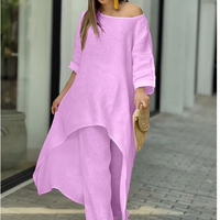 Womens Two Piece Set Dress Suit for Women Long Sleeve Cotton Linen Irregular Solid Crewneck Daily Wear Summer Set