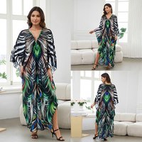 [Plus Size] Butterflyfeather Print Ruched Split Hem Tunic Dress, Valentine's Day Elegant Batwing Sleeve V Neck Long Dress for Summer, Casual Womenswear, Gift, Homecoming Dresses, Women's Clothes for Beach Holiday Vacation, Moo Moo Dresses