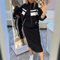 Olive Green Two Piece Skirt Set for Women Casual Chic Midi Dress with Zip-Up Long Sleeve Jacket