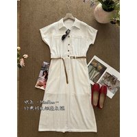 French Style Collared Short Sleeve Shirt Dress A-Line Midi Dress with Woven Belt Included White Black Khaki