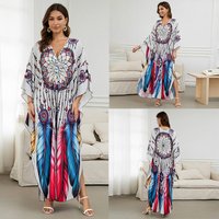 [Plus Size] Butterflyfeather Print Ruched Split Hem Tunic Dress, Valentine's Day Elegant Batwing Sleeve V Neck Long Dress for Summer, Casual Womenswear, Gift, Homecoming Dresses, Women's Clothes for Beach Holiday Vacation, Moo Moo Dresses