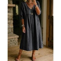 Women's Denim Midi Dress V Neck Loose Fit Short Sleeve Casual Pocket Dress