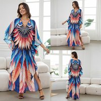 [Plus Size] Butterflyfeather Print Ruched Split Hem Tunic Dress, Valentine's Day Elegant Batwing Sleeve V Neck Long Dress for Summer, Casual Womenswear, Gift, Homecoming Dresses, Women's Clothes for Beach Holiday Vacation, Moo Moo Dresses