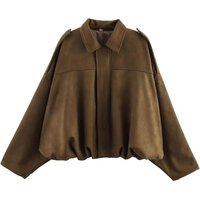 Women's Faux Suede Bomber Jacket Spring Lapel Pilot Coat Casual Oversized Long Sleeves Trendy Streetwear Outerwear