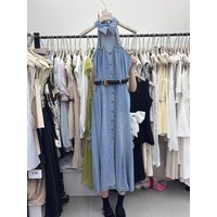 Women's Denim Halter Neck Maxi Dress Gold Button A-Line Two Colors Vintage Blue Light Blue with Free Belt S M L VY