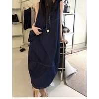 Women's Denim Sleeveless Diagonal Ruffle Trim A-Line Maxi Dress Drawstring Detail Light Blue Dark Navy One Size NNY with Free Bag