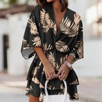 Black Floral Mini Dress with Leaf Print