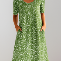 Loose Cotton Linen Maxi Dress Casual V-Neck Mid Sleeve Dress with Pockets