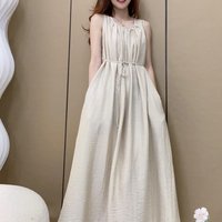 Women's Round Neck Sleeveless Pleated Tie Waist Loose % Linen Maxi Dress Casual Summer Beach Vacation