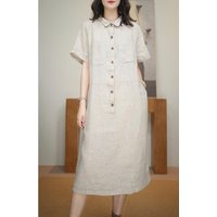 Women's Shirt Collar Short Sleeve Button-Down % Linen Midi Dress One Size Casual Summer