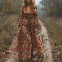 Women's Boho Ruffled Maxi Dress Flowy Tiered Skirt Casual Summer Beach Vacation Long Dress Bohemian Sundress with Ruffle Hem