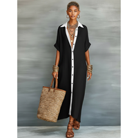 Women's Minimalist Linen Blend Short-sleeved Shirt Maxi Dress MDZAY