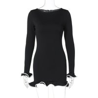 Sexy tight short skirt ruffle edge dress crimped knitted skirt long sleeve solid color women's summer dress